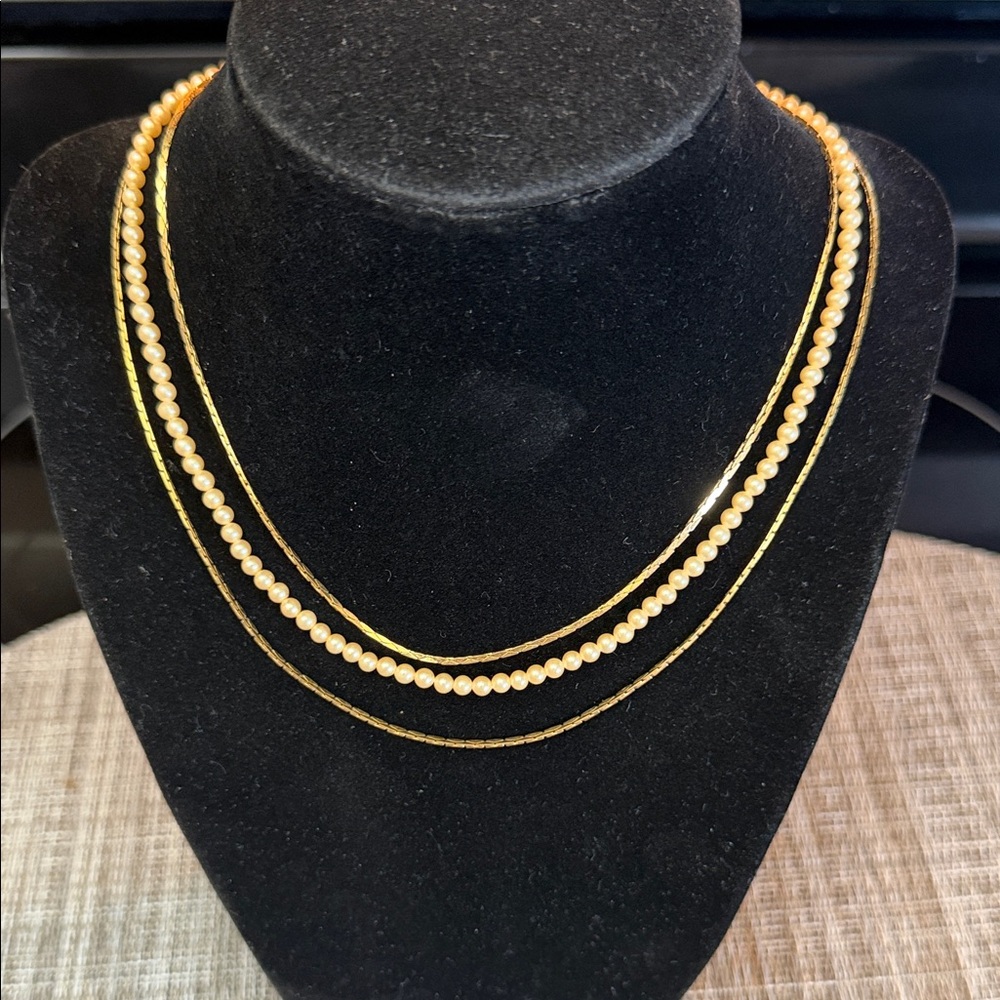 Vintage Trifari 3 Strand Gold Tone and Faux Pearl
